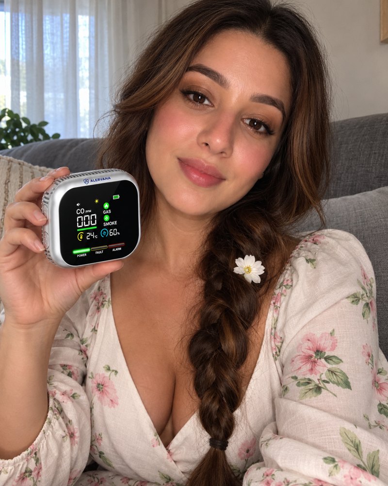 Persona mostrando su detector ALERVANA en casa