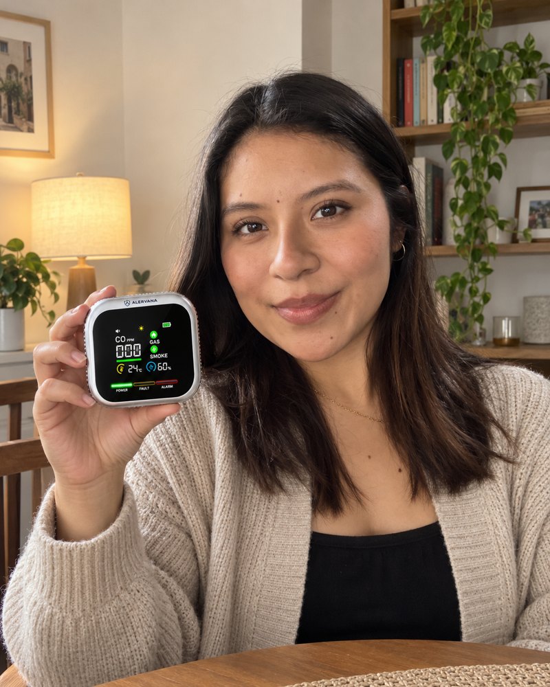 Persona mostrando su detector ALERVANA en casa