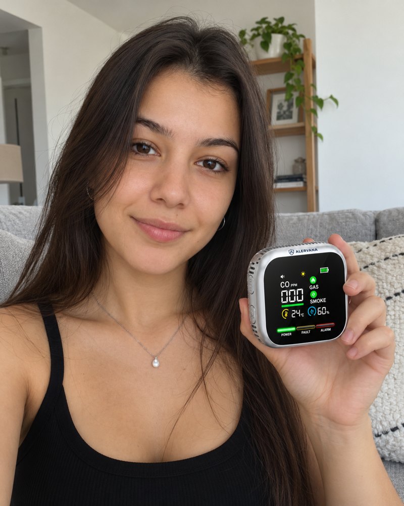 Persona mostrando su detector ALERVANA en casa
