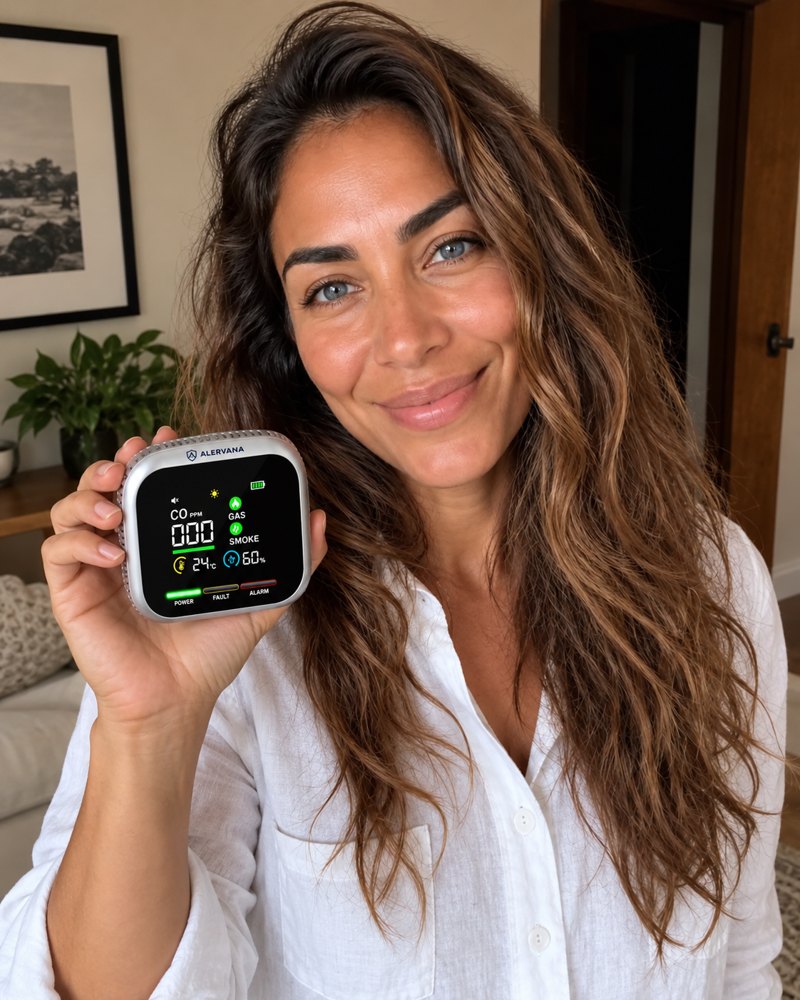 Persona mostrando su detector ALERVANA en casa