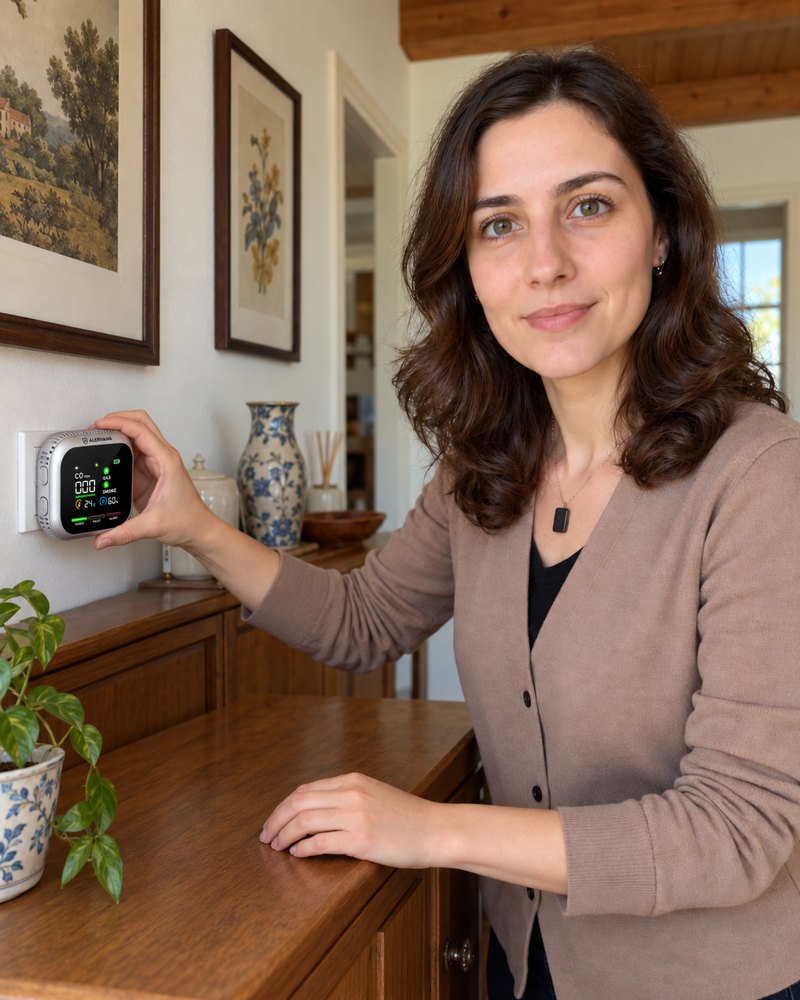 Persona mostrando su detector ALERVANA en casa