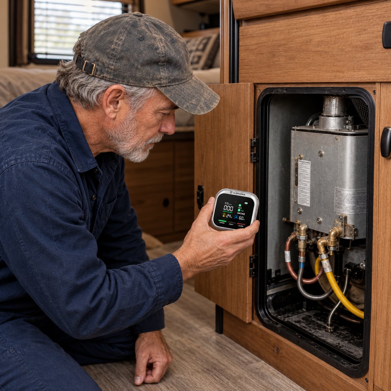 Técnico de autocaravanas sosteniendo un detector ALERVANA en su taller