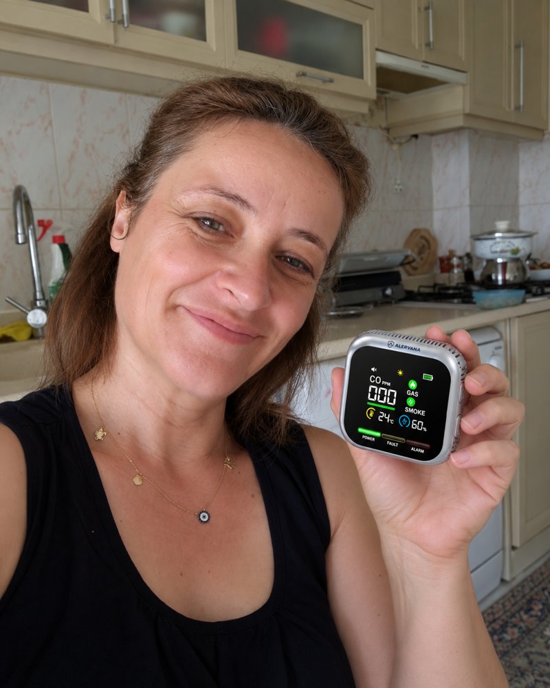 Persona mostrando su detector ALERVANA en casa