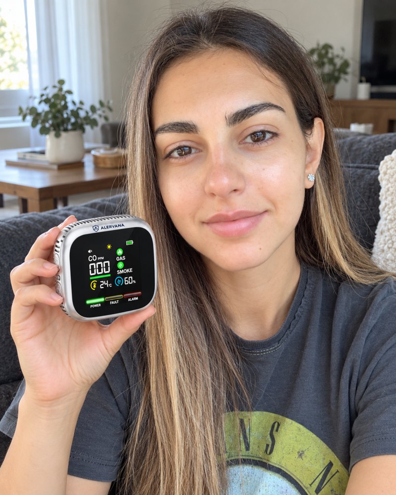 Persona mostrando su detector ALERVANA en casa
