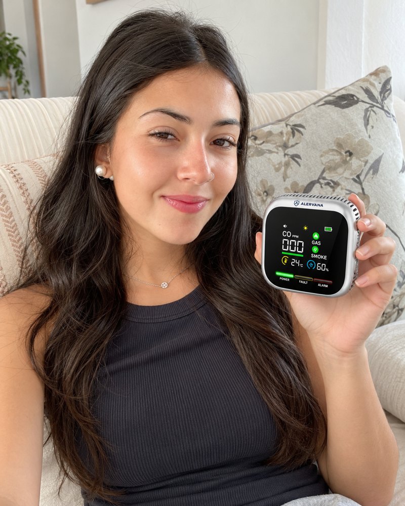 Persona mostrando su detector ALERVANA en casa