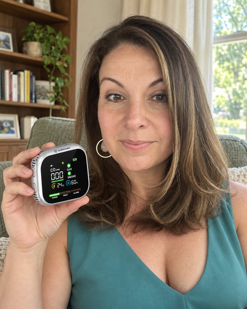 Persona mostrando su detector ALERVANA en casa