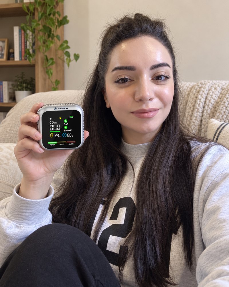 Persona mostrando su detector ALERVANA en casa