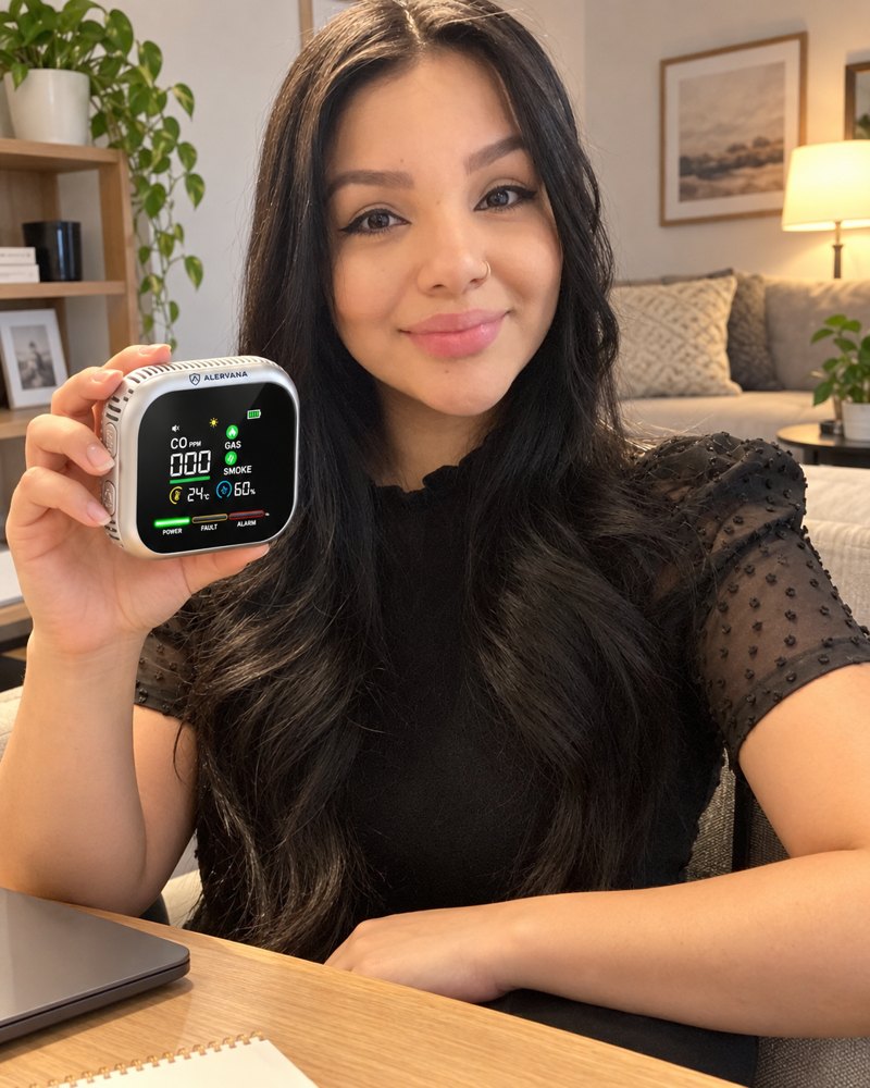 Persona mostrando su detector ALERVANA en casa