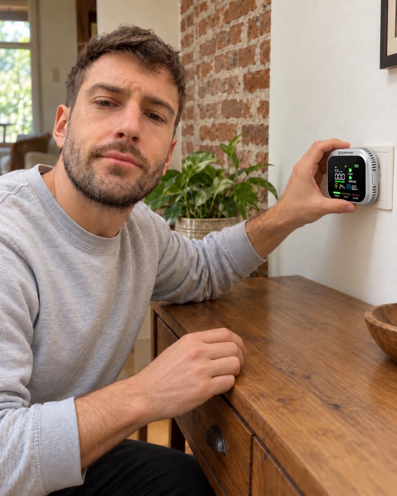 Persona mostrando su detector ALERVANA en casa