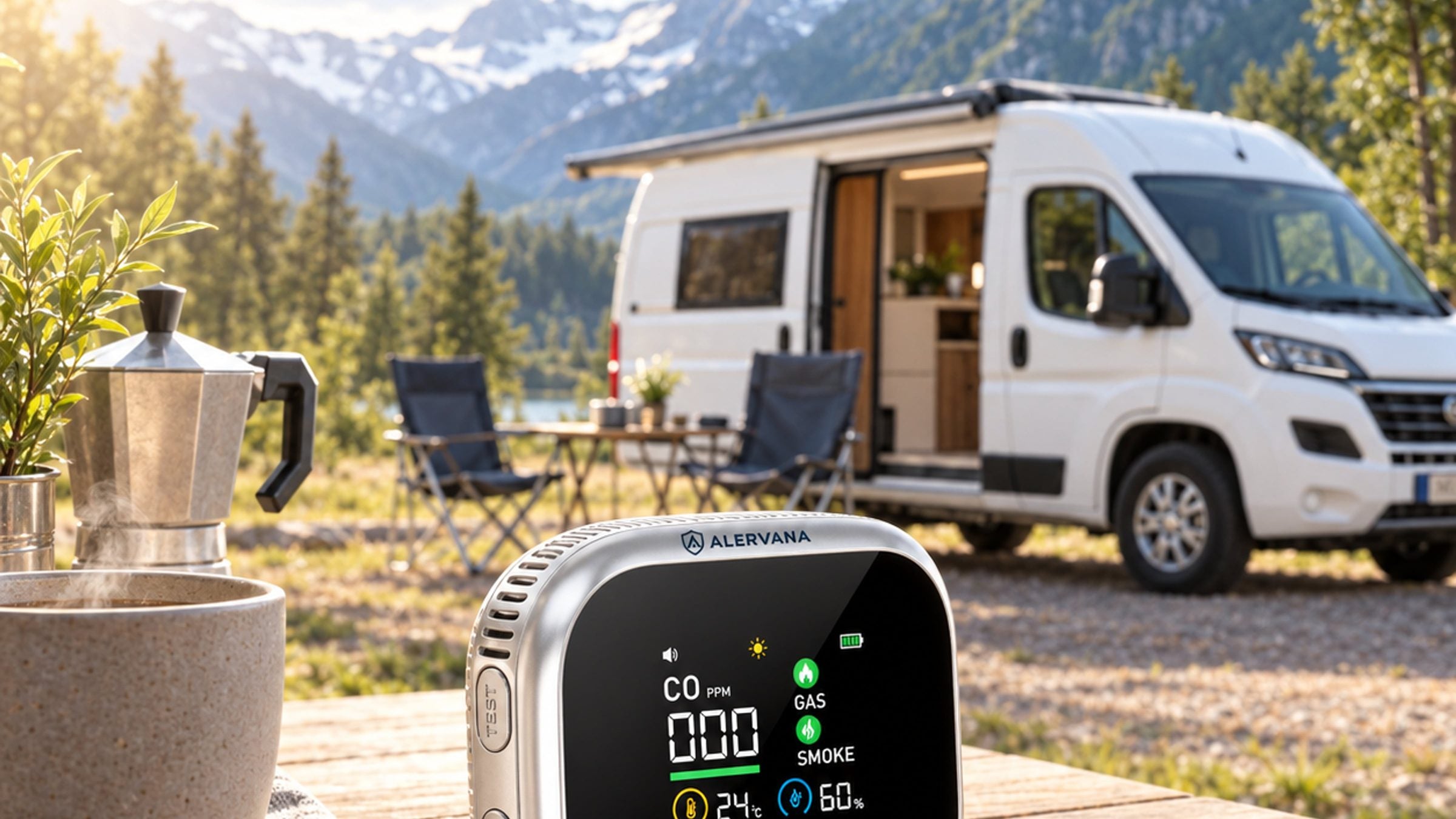 Detector ALERVANA sobre una mesa de madera, con una camper y montañas al fondo