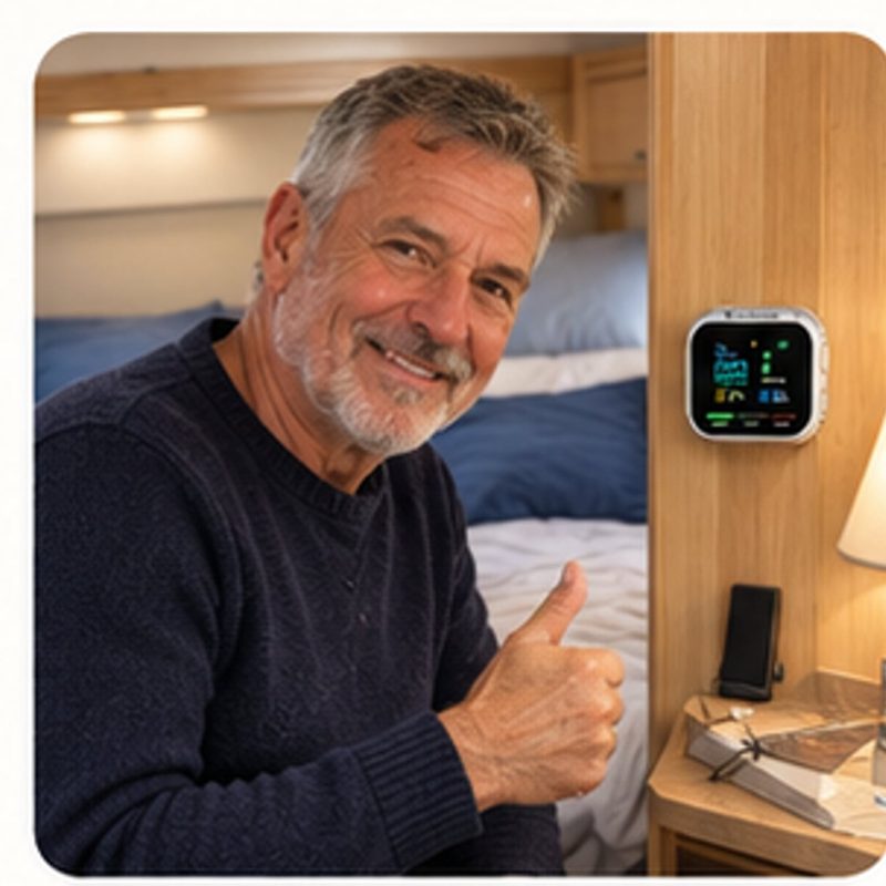 Hombre sonriendo en su autocaravana junto al detector ALERVANA