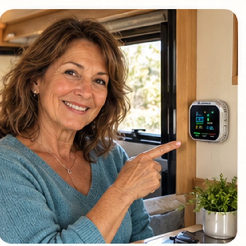 Mujer señalando el detector ALERVANA instalado en la pared de la cocina