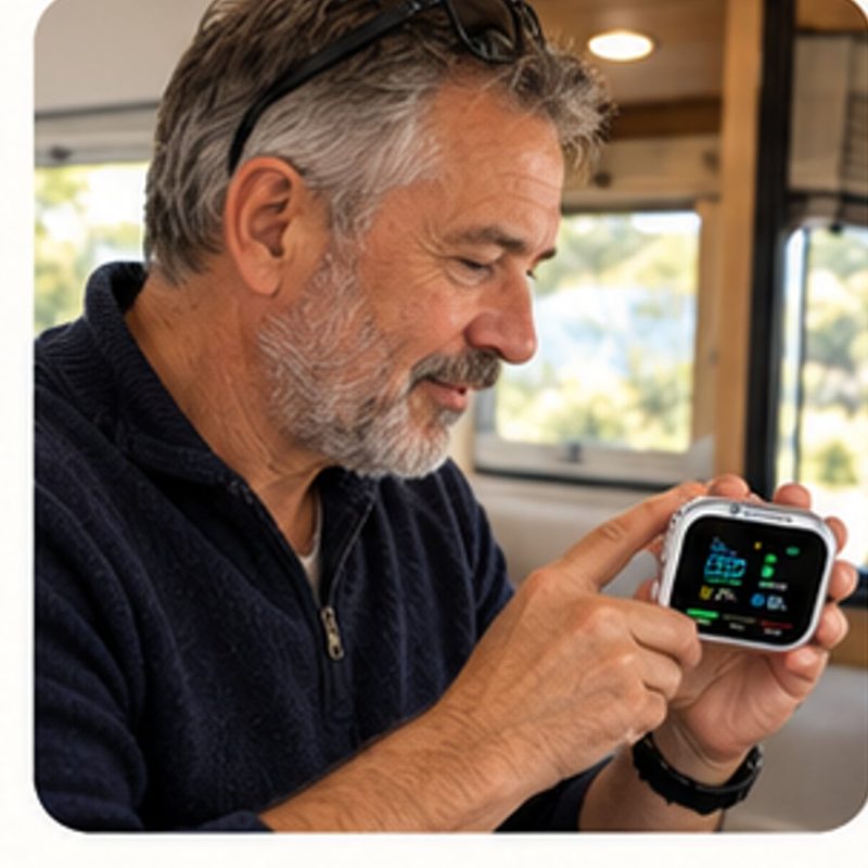 Hombre comprobando el detector ALERVANA antes de un viaje