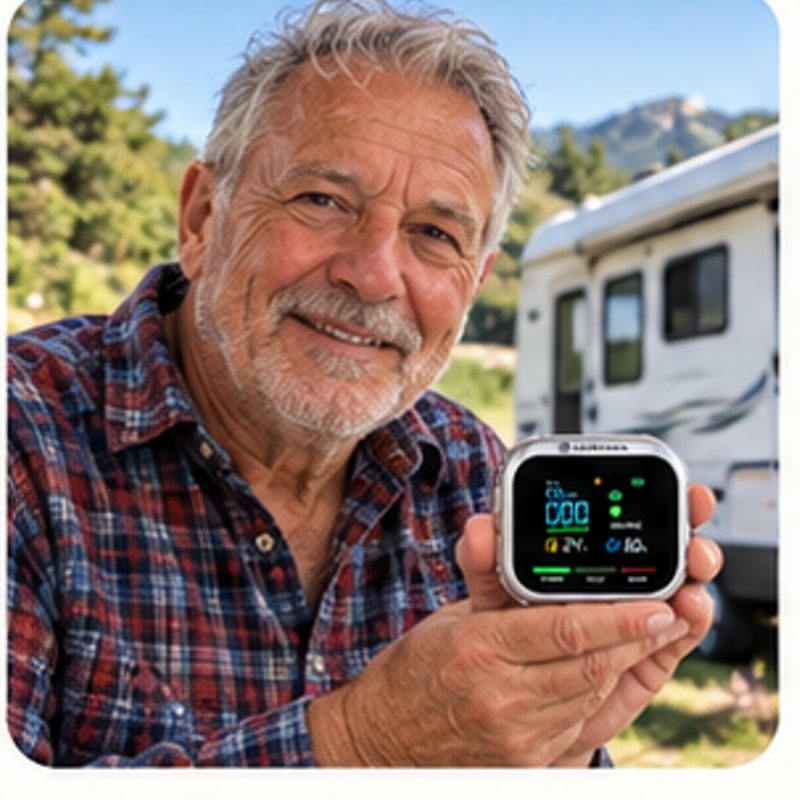 Hombre mayor sonriendo con el detector ALERVANA en un camping