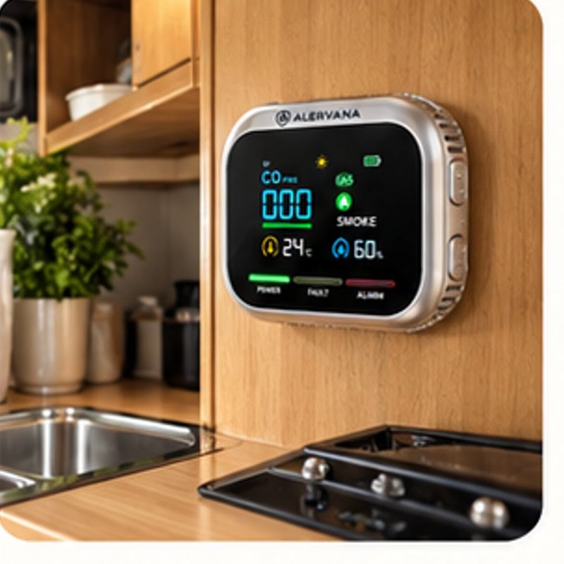 Detector ALERVANA en la pared de la cocina de una autocaravana
