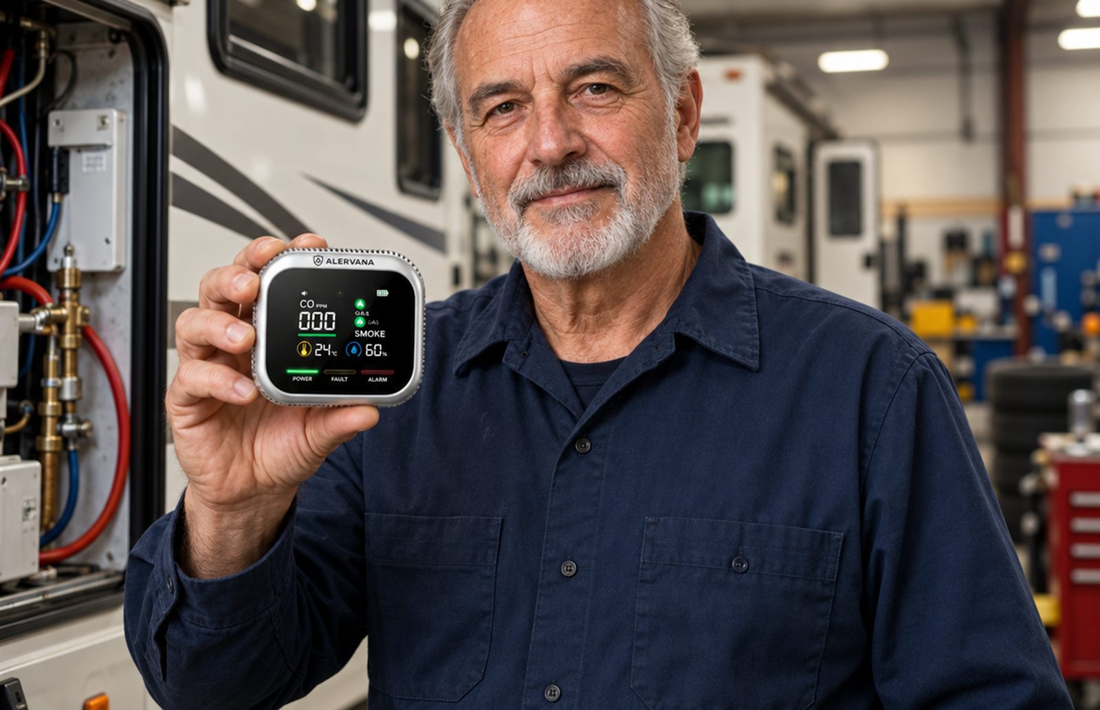 Técnico de autocaravanas sosteniendo un detector ALERVANA en su taller